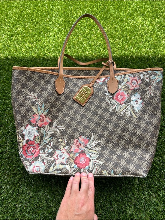 Ralph Lauren Handbags - Ralph Lauren Floral Canvas Tote Bag with Leather Trim - Brown/Red